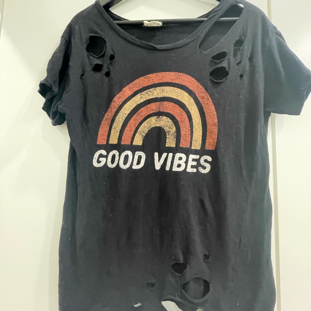 BiBi Black Distressed Tee with Rainbow Graphic